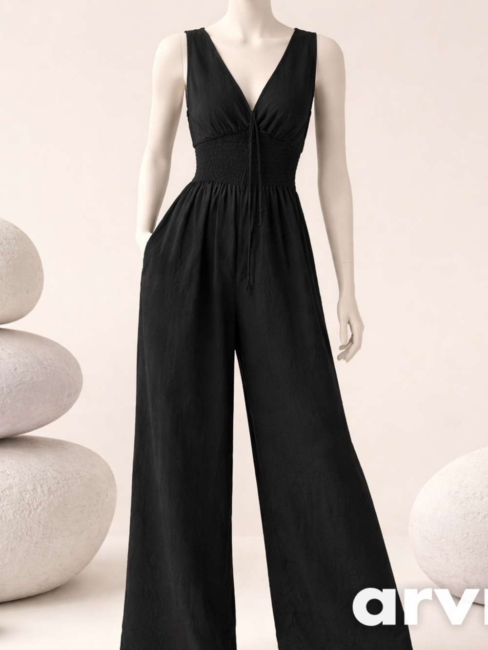 American Eagle Outfitters Black V-Neck Wide-Leg Jumpsuit with Smocked Waist